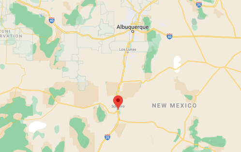 Map showing the location of Socorro, New Mexico, near Albuquerque and major highways.