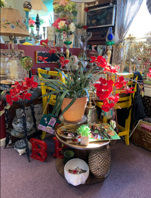 A cozy corner filled with colorful decor, including a potted orchid, vintage items, and vibrant chairs.