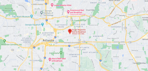 Map of Atlanta highlighting Sugar Magnolia Bed & Breakfast and nearby landmarks and hotels.