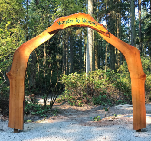 A wooden archway with "Wander in Wonder" carved on it, surrounded by lush green trees and a gravel path.