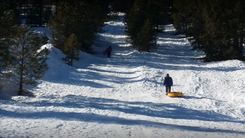 Two people walking on a snowy path, one pulling a yellow sled, surrounded by trees.