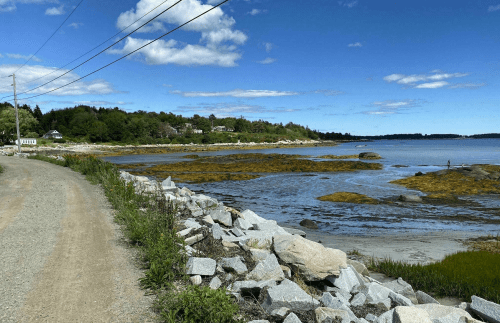 A scenic coastal view with a gravel path, rocky shoreline, and lush greenery under a blue sky with scattered clouds.