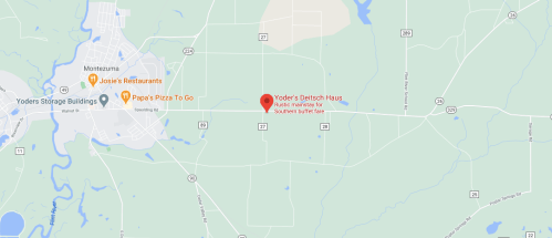 Map showing the location of Yoder's Deitsch Haus, noted for Southern buffet fare, near Montezuma.