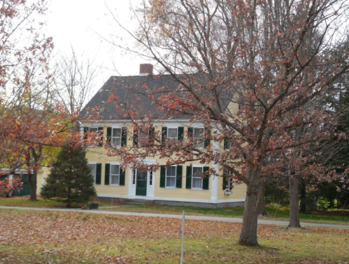 A yellow two-story house with green shutters, surrounded by trees and fallen leaves in autumn.