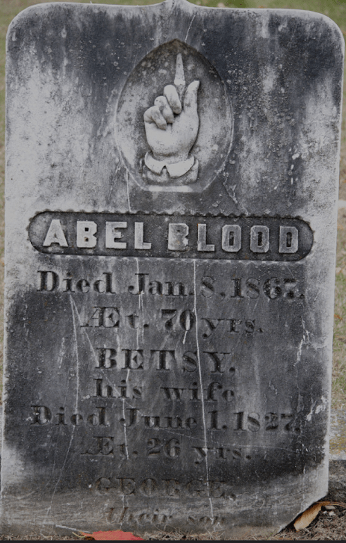 Gravestone of Abel Blood, died 1865, with a raised hand symbol; also honors his wife Betsy, who died 1837.