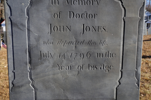 Gravestone inscription for Doctor John Jones, who passed away on July 14, 1796, at the age of 58.