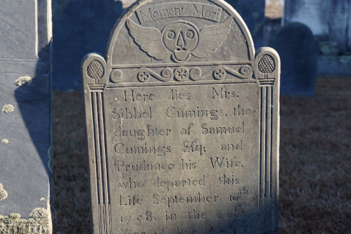 Gravestone of Mrs. Sibbel Cummings, daughter of Samuel Cummings, who passed away on September 10, 1758. Memento Mori.