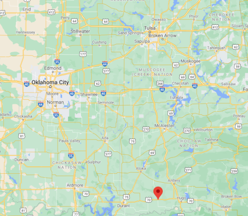 Map of Oklahoma highlighting major cities like Oklahoma City, Tulsa, and surrounding areas with topographical details.