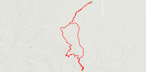 Map showing a winding red trail on a light background, with contour lines indicating elevation changes.