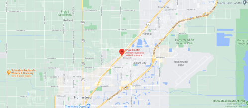 Map showing Coral Castle location in Homestead, Florida, with nearby landmarks and roads highlighted.