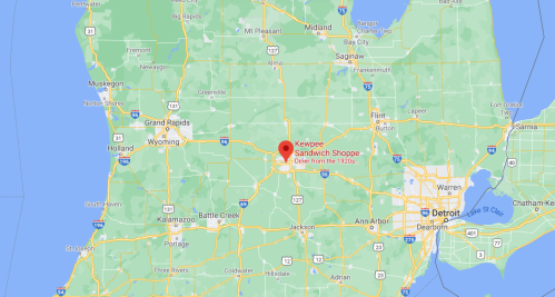 Map showing the location of Kewpee Sandwich Shoppe in Michigan, near Battle Creek and south of Grand Rapids.