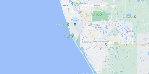 Map showing Venice, Florida, highlighting locations like Venice Beach, the airport, and nearby parks and shopping areas.