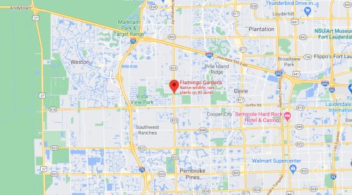 Map showing Flamingo Gardens, a botanical garden in Davie, Florida, surrounded by roads and nearby parks.
