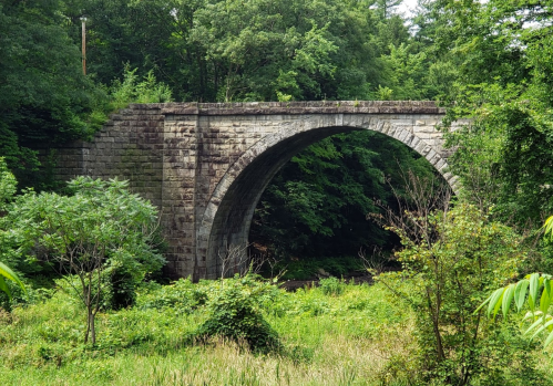 A stone arch bridge surrounded by lush greenery and trees, with a clear blue sky above.