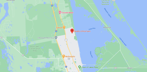 Map showing the location of Sled's U-Pick Farm near a highway, with nearby landmarks like McDonald's and Subway.