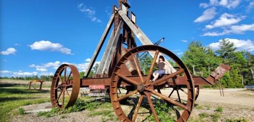 A large, rusty catapult structure with a person sitting on it, set against a blue sky and green trees.