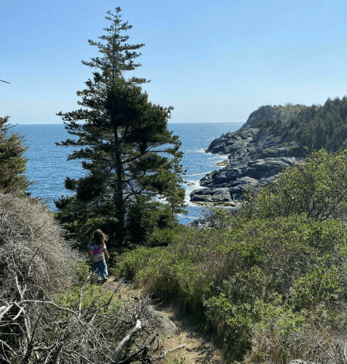 A child walks along a coastal path surrounded by greenery, with rocky cliffs and the ocean in the background.