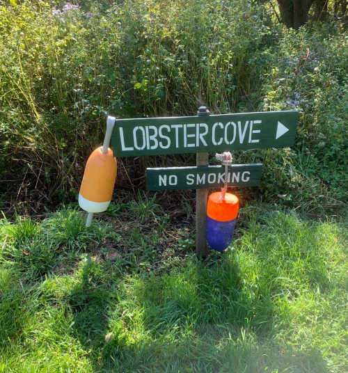 Signpost directing to Lobster Cove with a "No Smoking" sign, surrounded by greenery and colorful buoys.