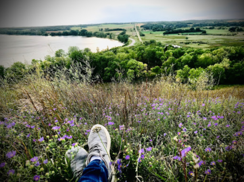 A person's foot in a gray shoe rests on a grassy hill with purple flowers, overlooking a river and lush green landscape.