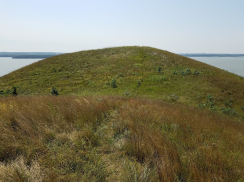 A grassy hill rises gently above a calm body of water under a clear blue sky.