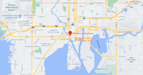 Map showing the location of Yolk White & Associates in Tampa, Florida, near the waterfront and major roads.