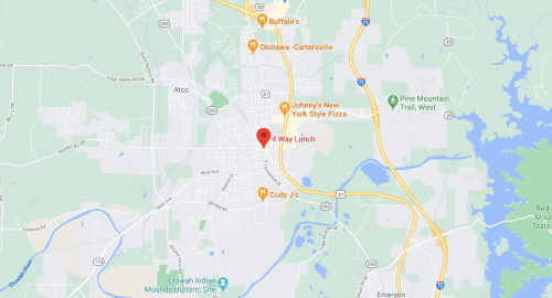 Map showing a location marked as "A Way Lunch" in a town, with nearby restaurants and roads indicated.