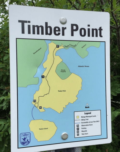 Map of Timber Point showing hiking trails, private property, and landmarks, with a legend and orientation indicator.