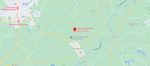 Map showing the location of Historic Banning Mills near Whitesburg, Georgia, with nearby roads and landmarks.