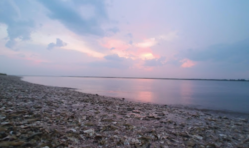 A serene shoreline at dusk, with a calm river reflecting a colorful sky and scattered shells along the sandy bank.