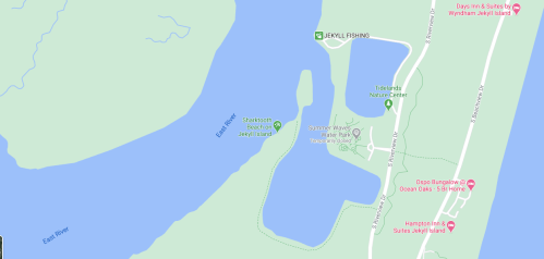 Map showing the East River near Jekyll Island, with landmarks like Summer Waves Water Park and Tidelands Nature Center.