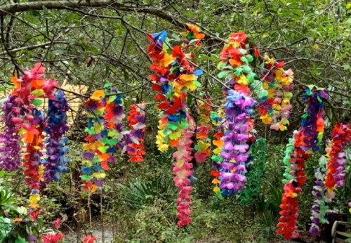 Colorful flower garlands hanging from tree branches in a lush, green outdoor setting.
