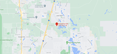 Map showing Horseshoe Park and Fairy Trail location near Lake Helen, Florida, with surrounding parks and roads.