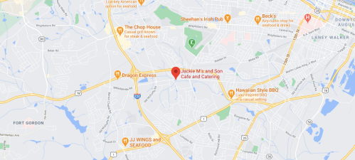 Map showing the location of Jackie M's and Son Cafe and Catering, near Fort Gordon and various local restaurants.