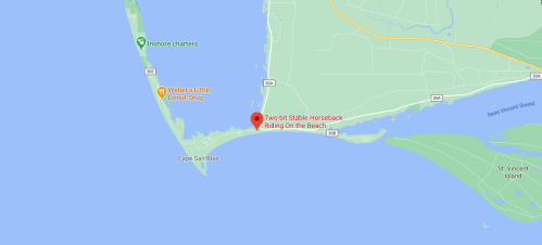 Map showing Two Bit Stable for horseback riding on the beach near Cape San Blas, Florida.