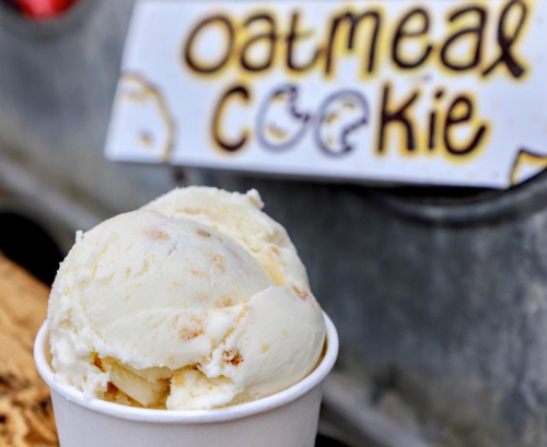 A cup of oatmeal cookie ice cream in front of a sign that reads "Oatmeal Cookie."