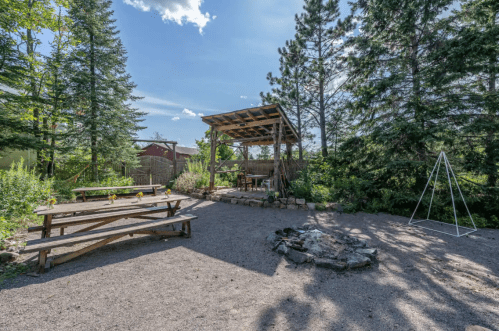Outdoor space with picnic tables, a fire pit, and a covered area surrounded by trees and blue skies.