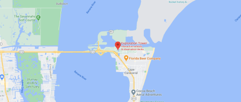 Map showing Exploration Tower and nearby attractions in Cape Canaveral, Florida, near the coast.