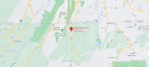 Map showing the location of Treetop Hideaways near Lookout Mountain in Georgia, with surrounding roads and landmarks.