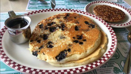A plate of blueberry pancakes with syrup and a side of sausage patty on a checkered plate.