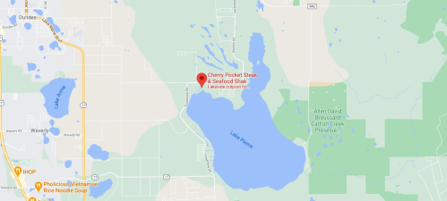 Map showing Lake Pierce and the location of Cherry Pocket Steak & Seafood Shack in Florida.