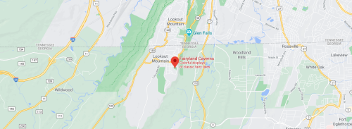 Map showing Lookout Mountain and Fairyland Caverns, with nearby roads and landmarks in Tennessee and Georgia.