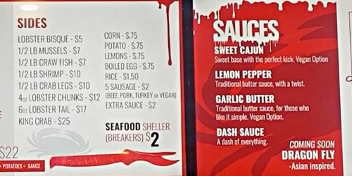 Menu featuring sides and sauces with prices, including lobster bisque, shrimp, and various sauce options.