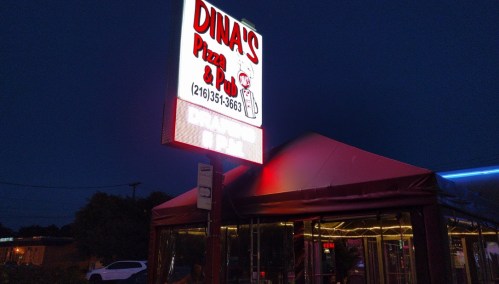 Sign for Dina's Pizza & Pro, illuminated at night, featuring a pizza graphic and contact number.