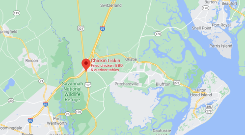 Map showing the location of Chickin Lickin, a restaurant offering fried chicken and BBQ near Okatie, South Carolina.