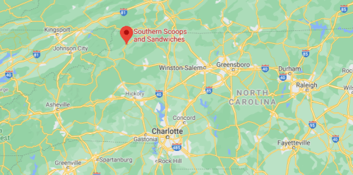 Map showing the location of Southern Scoops and Sandwiches in North Carolina, near Charlotte and Greensboro.