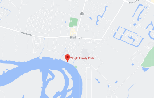 Map showing Bluffton, SC, with a marker for Wright Family Park near the river.