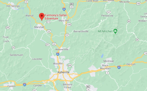 Map showing the location of Farmony's Safari Adventure near Asheville, North Carolina, with nearby landmarks and roads.