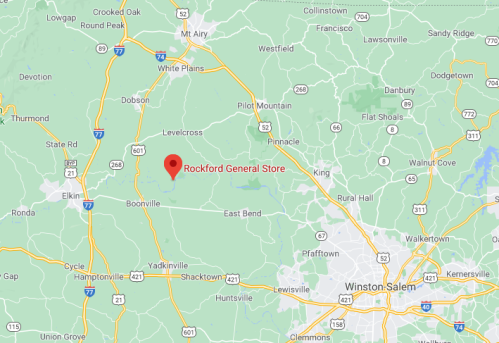Map showing the location of Rockford General Store in North Carolina, near Dobson and Elkin.