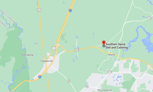 Map showing the location of Southern Spice Deli and Catering near Okatie, South Carolina, along major highways.