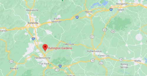 Map showing the location of Bullington Gardens near Hendersonville, North Carolina, with surrounding highways and towns.